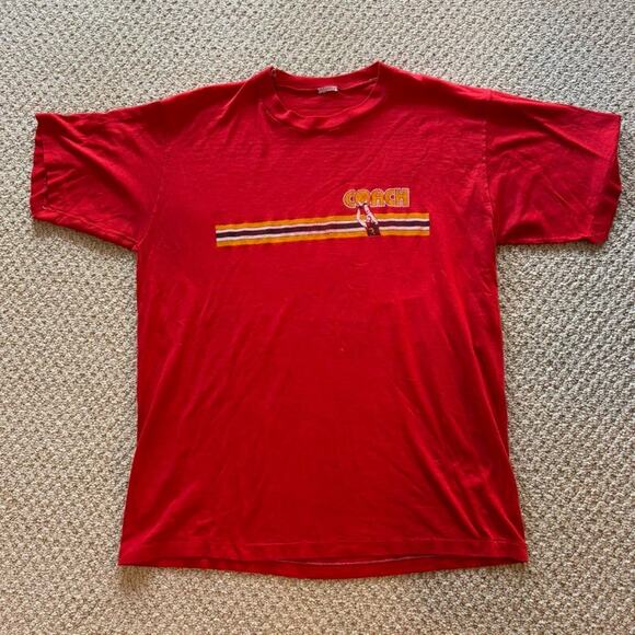 Vintage 80s Coach red yellow retro single stitch basketball tee sports L - Picture 1 of 8